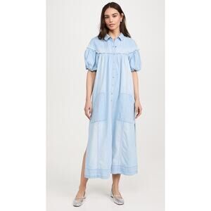 Free People Dress Women's Medium Blue On The Road Puff Sleeve Maxi Shirt Dress